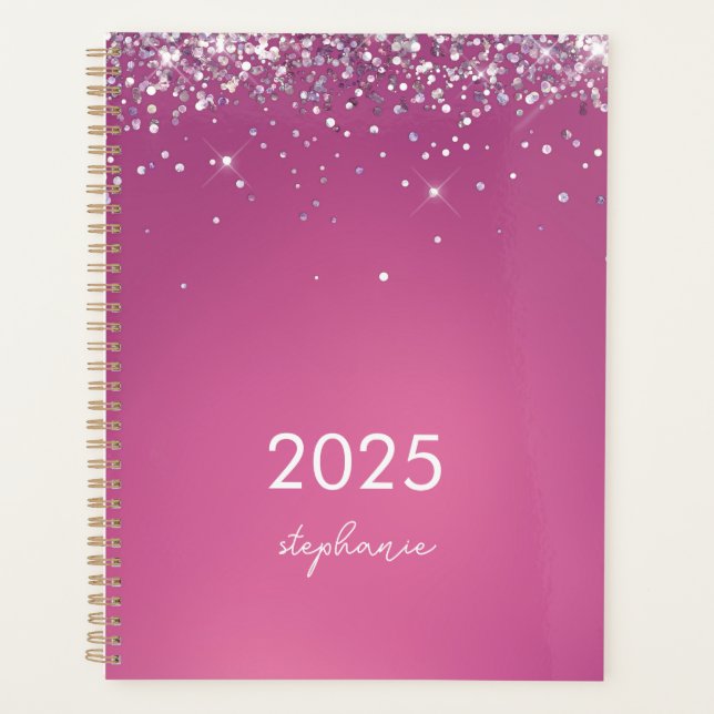 Custom Modern Fuchsia Pink Glitter 2025 Planner (Front)