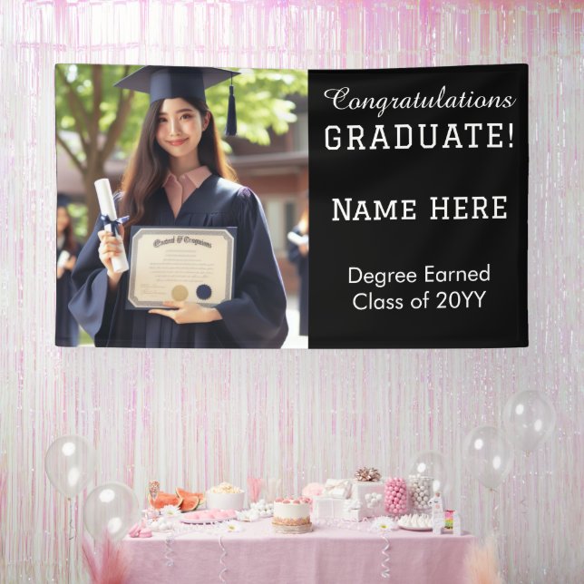 Custom Modern Graduation Photo, Black and White Banner (Party)