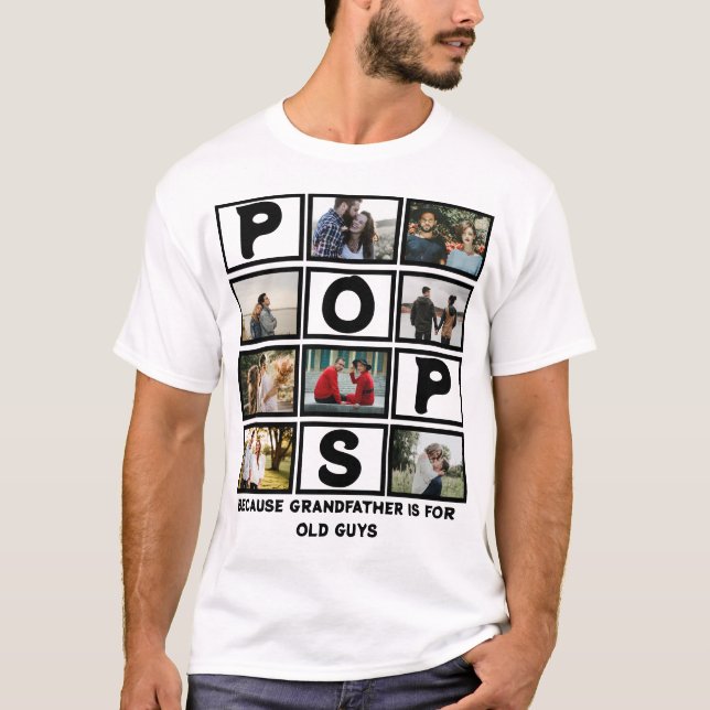 Custom Modern Grandfather Pops 8 Photo Collage T-Shirt (Front)