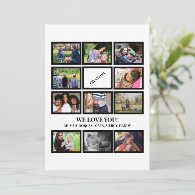 Custom Modern Grandpa Fathers Day 11 Photo Collage Holiday Card (Standing Front)