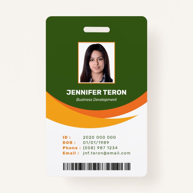 Custom Modern Green Employee ID Card with barcode ID Badge (Front)