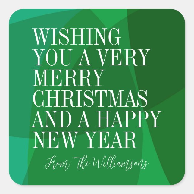 Custom Modern Green Geometric Christmas Greeting Square Sticker (Front)