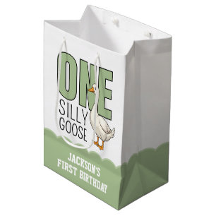Custom Modern Green One Silly Goose First Birthday Medium Gift Bag