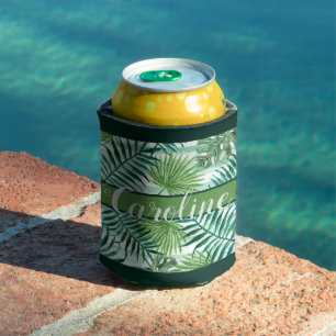 Custom Modern Hip Tropical Green Palm Leaf Pattern Can Cooler