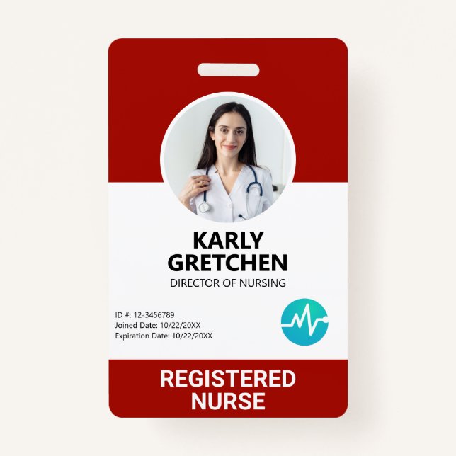 Custom Modern Hospital Employee Photo ID Card Red ID Badge (Front)