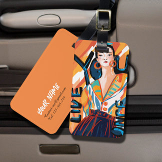Custom Modern Ladies You Live Once Orange Blue Luggage Tag