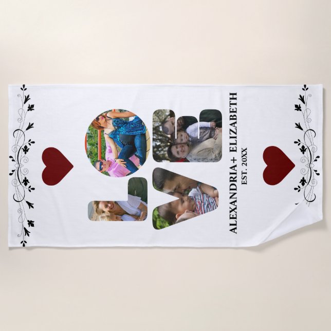 Custom modern love 4 photo collage for couples beach towel (Front)