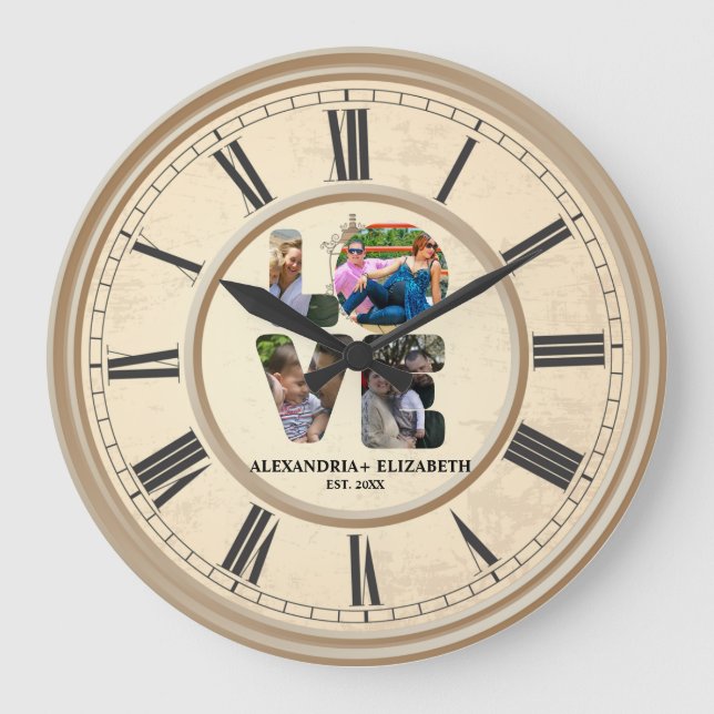 Custom modern love 4 photo collage for couples large clock (Front)
