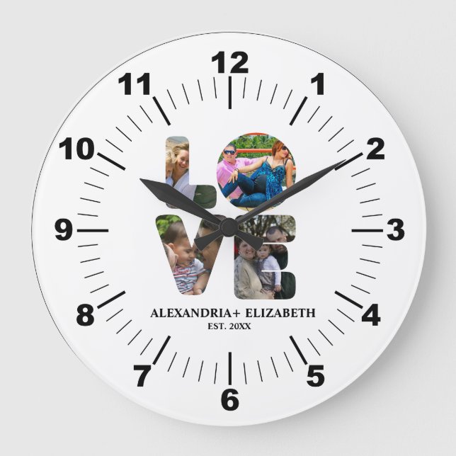 Custom modern love 4 photo collage for couples large clock (Front)