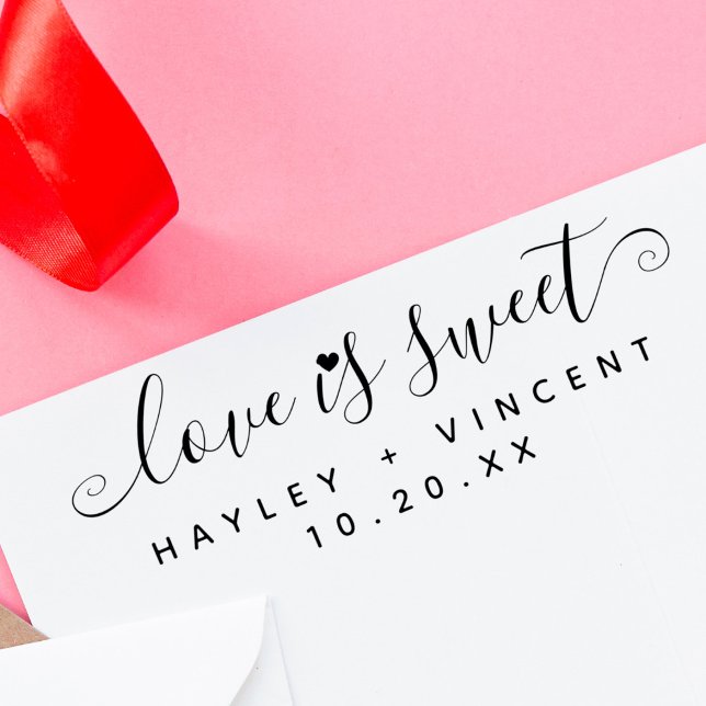 Custom Modern Love Is Sweet Script Names Wedding Rubber Stamp (Creator Uploaded)