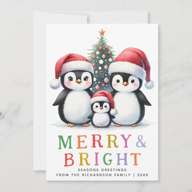 Custom Modern Merry and Bright Penguin Christmas Holiday Card (Front)