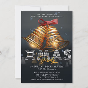 Custom Modern Merry Christmas Bells Black Gold Red Invitation