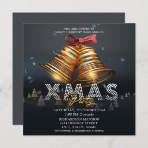 Custom Modern Merry Christmas Bells Black Gold Red Invitation