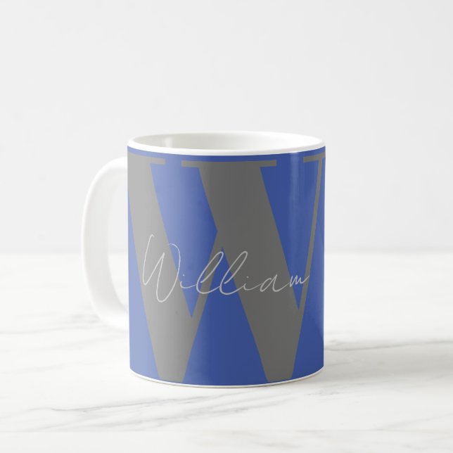 custom Modern Monogram Name Blue Gray Coffee Mug  (Front Left)