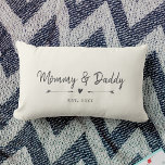 Custom Modern Mummy & Daddy New Parents Gift Lumbar Cushion<br><div class="desc">Celebrate the birth of your child with this chic farmhouse style throw pillow featuring your names and year establised in a charcoal vintage typewriter lettering and script design alongside sweet hand-drawn arrowsand heart. Choose your own background colour! This would make the perfect gift for a new parents at a baby...</div>