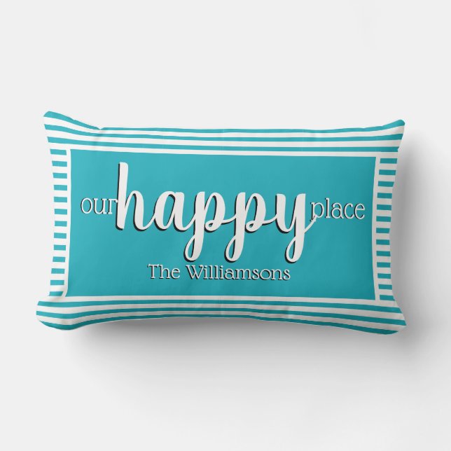 Custom Modern My Happy Place Teal Stripe Lumbar Cushion (Front)