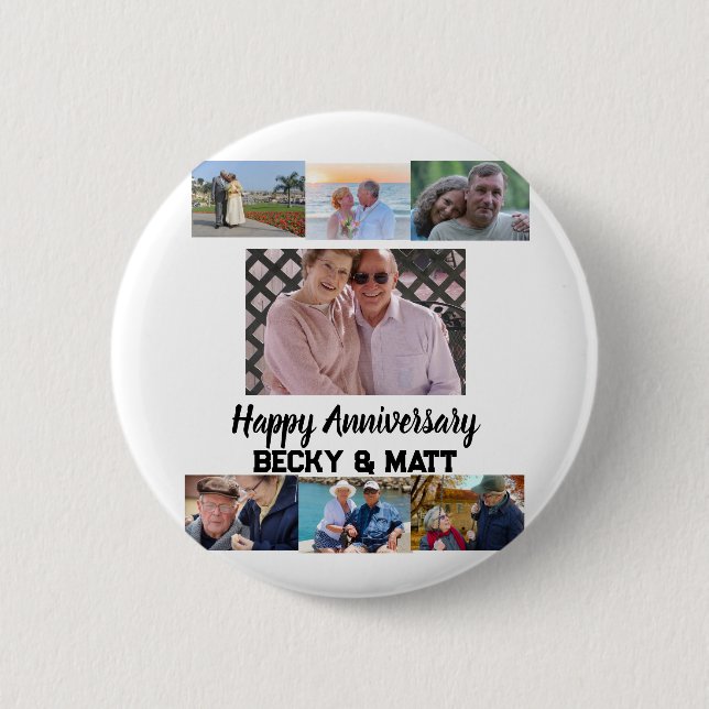 Custom Modern Name 7 Photo Anniversary   6 Cm Round Badge (Front)