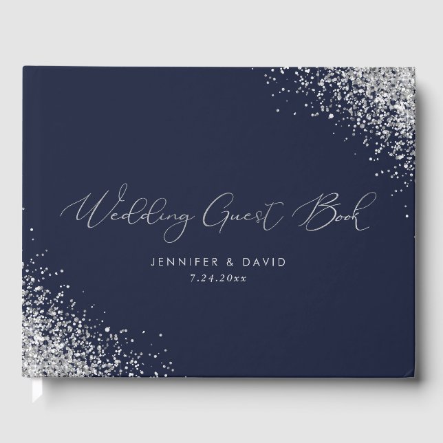 Custom Modern Navy Blue and Silver Glitter Wedding Guest Book (Front)