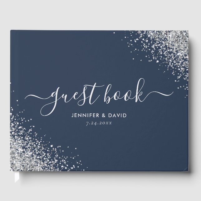 Custom Modern Navy Blue and Silver Glitter Wedding Guest Book (Front)