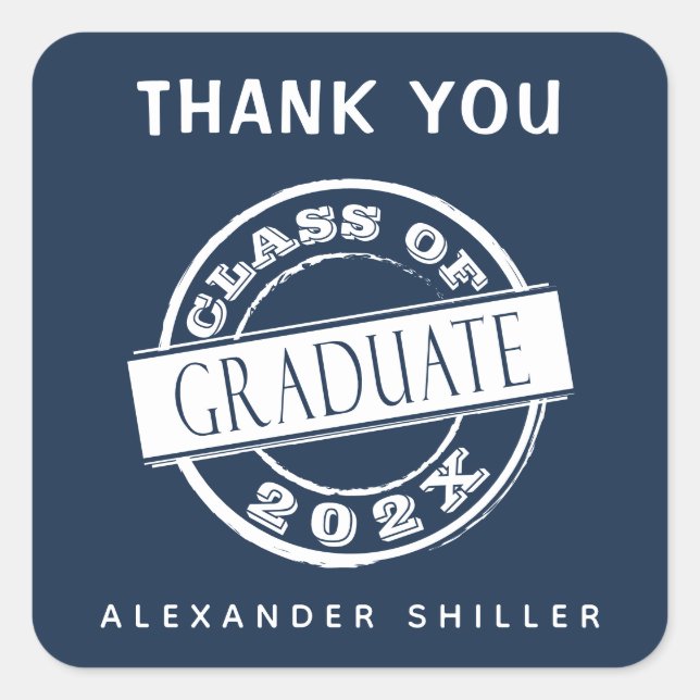 Custom Modern Navy Blue Graduate Thank You  Square Sticker (Front)