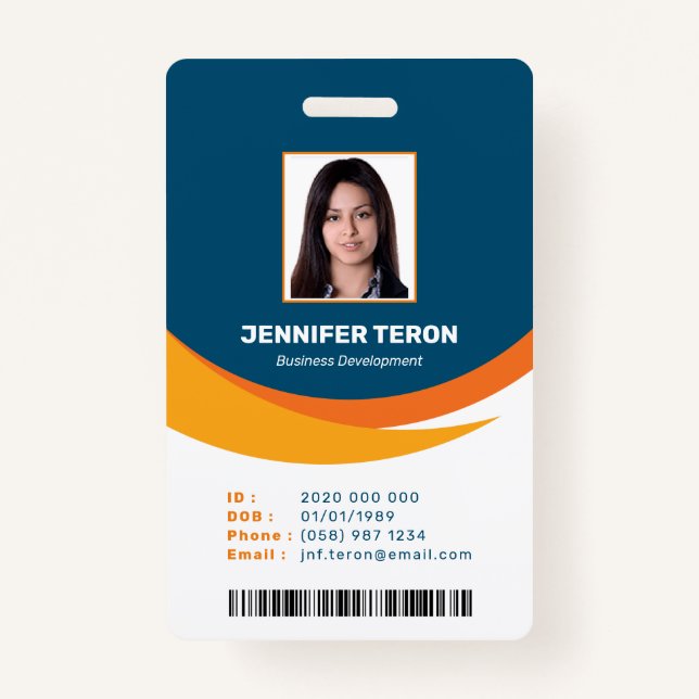 Custom Modern Navy Employee ID Card with barcode ID Badge (Front)