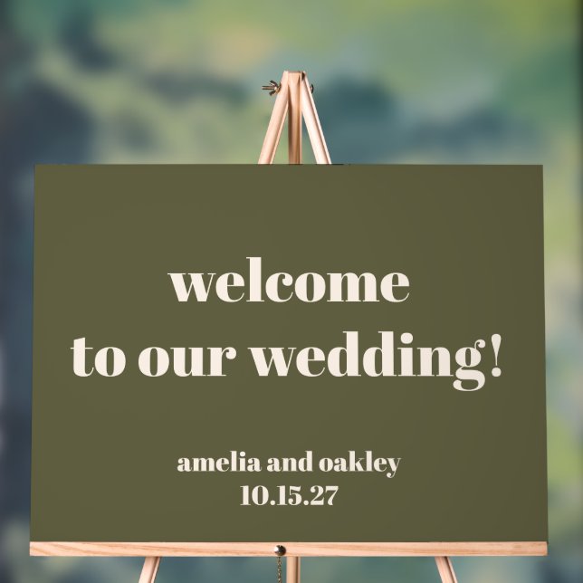 Custom Modern Olive Green Wedding Welcome Acrylic Sign (Neutral)
