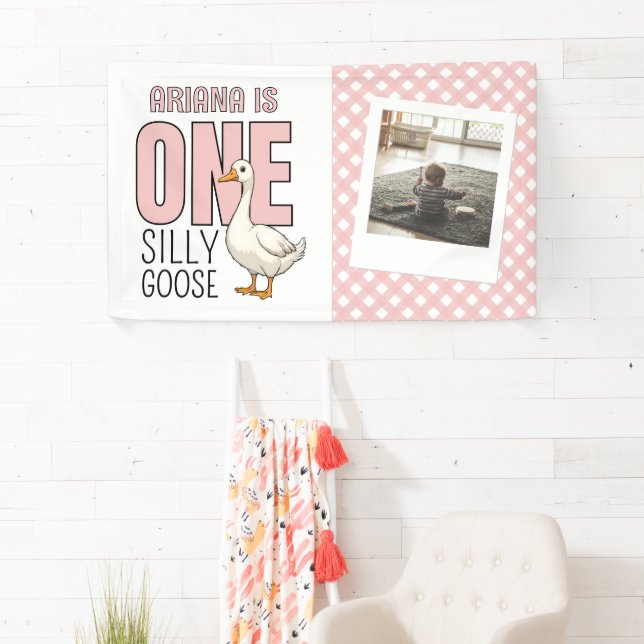 Custom Modern One Silly Goose First Birthday Party Banner (Insitu)