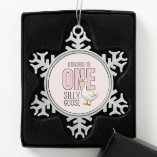 Custom Modern One Silly Goose First Birthday Snowflake Pewter Christmas Ornament