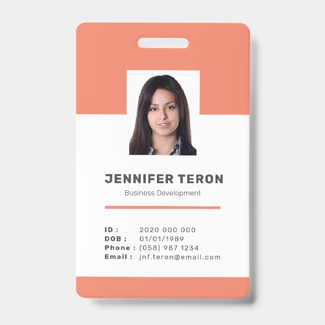 Custom Modern Orange Employee ID Card with barcode Badge (Front)