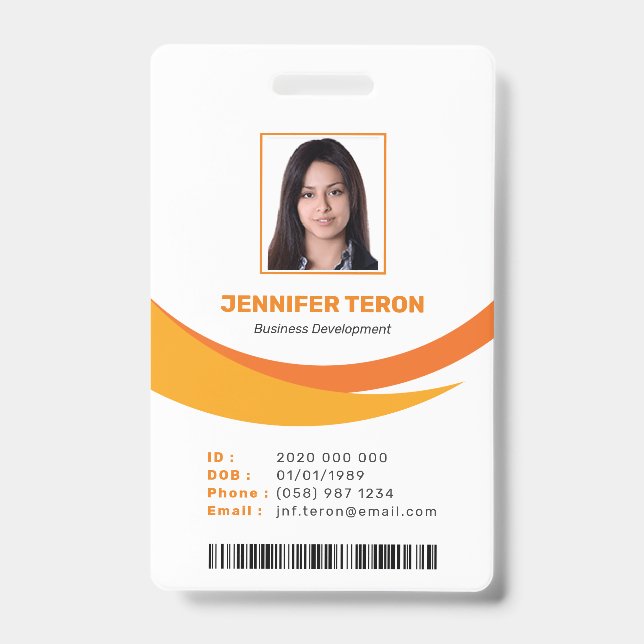 Custom Modern Orange Employee ID Card with barcode Badge (Front)