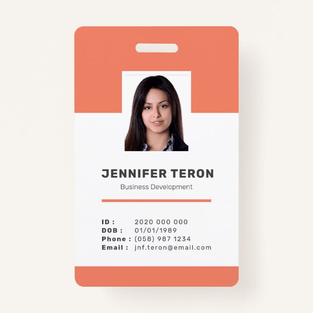 Custom Modern Orange Employee ID Card with barcode ID Badge (Front)
