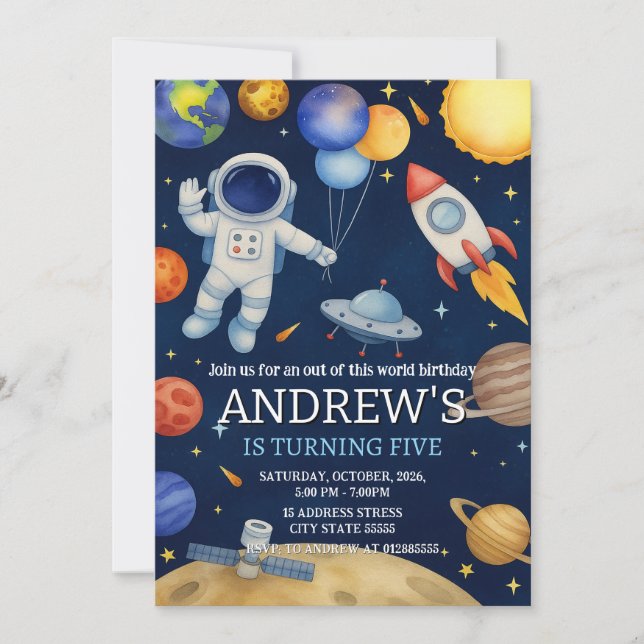 Custom Modern Outer Space Astronaut Birthday Invitation (Front)