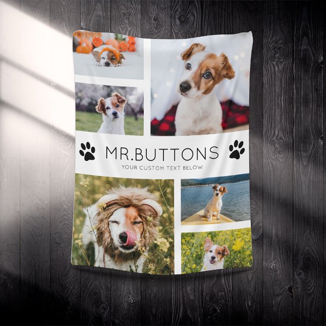 Custom Modern Pet Name Photo Collage Dog Cat Lover Fleece Blanket (Creator Uploaded)