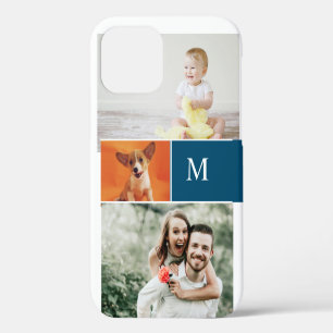 Custom Modern Photo Collage Blue Monogram iPhone 12 Case