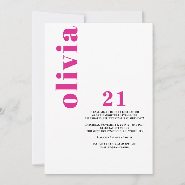 Custom Modern Pink 21st Birthday Invitation (Front)