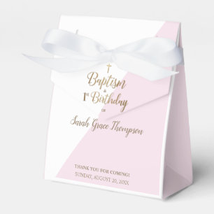Custom Modern Pink Gold Cross Baptism 1st Birthday Favour Box