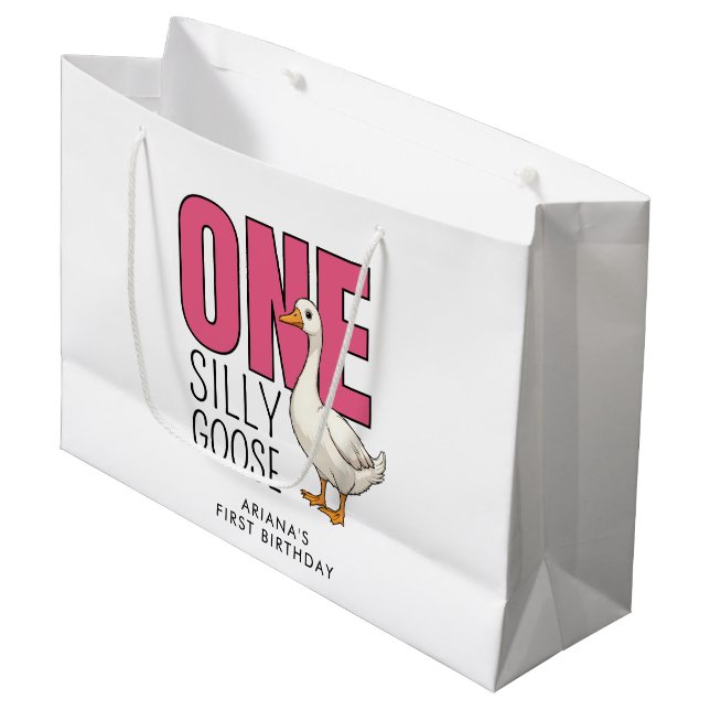 Custom Modern Pink One Silly Goose 1st Birthday Large Gift Bag (Front Angled)