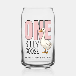 Custom Modern Pink One Silly Goose First Birthday Can Glass