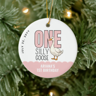 Custom Modern Pink One Silly Goose First Birthday Ceramic Ornament