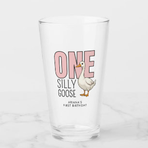 Custom Modern Pink One Silly Goose First Birthday Glass