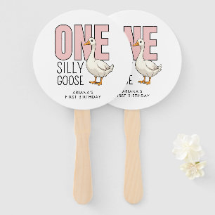 Custom Modern Pink One Silly Goose First Birthday Hand Fan