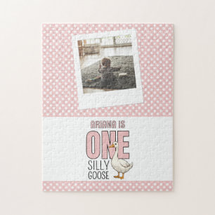 Custom Modern Pink One Silly Goose First Birthday Jigsaw Puzzle