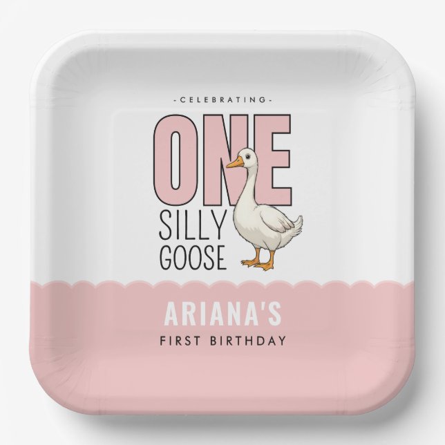 Custom Modern Pink One Silly Goose First Birthday Paper Plate (Front)