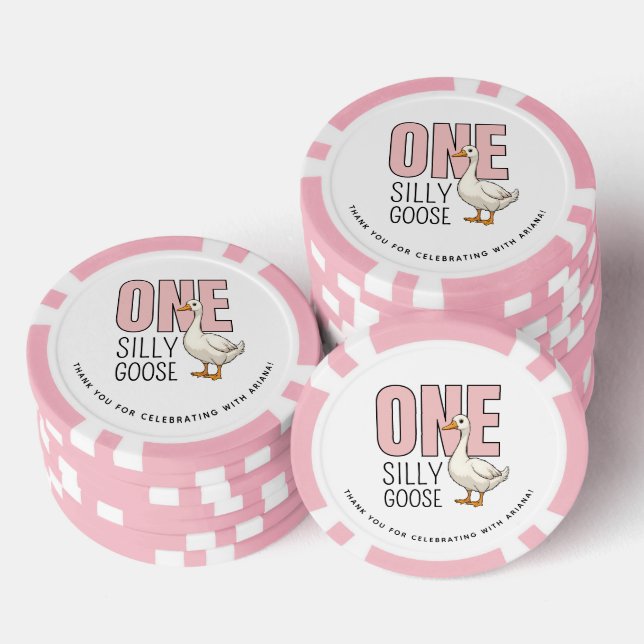 Custom Modern Pink One Silly Goose First Birthday Poker Chips (Stack)