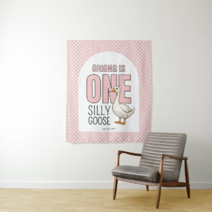 Custom Modern Pink One Silly Goose First Birthday Tapestry