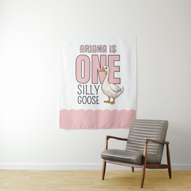 Custom Modern Pink One Silly Goose First Birthday Tapestry (In Situ)