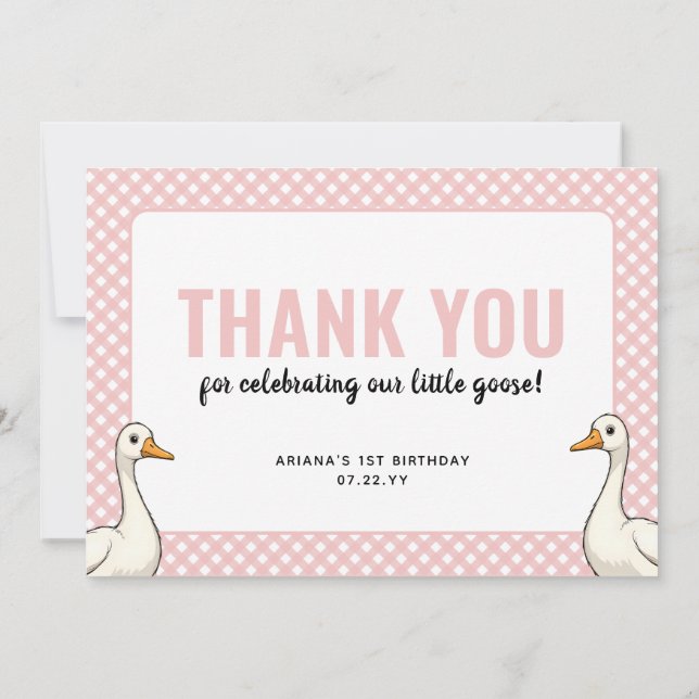Custom Modern Pink One Silly Goose First Birthday Thank You Card (Back)