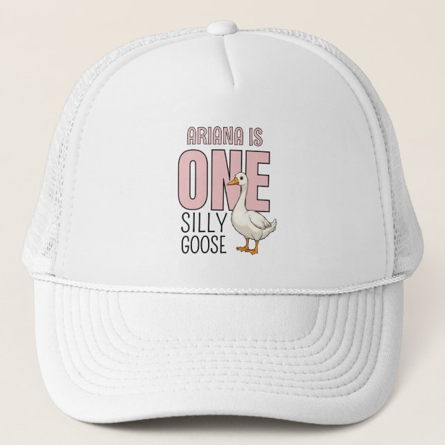 Custom Modern Pink One Silly Goose First Birthday Trucker Hat (Front)