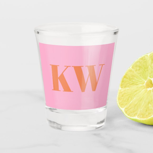 Custom Modern Pink Orange Monogrammed Initial  Shot Glass (Front)