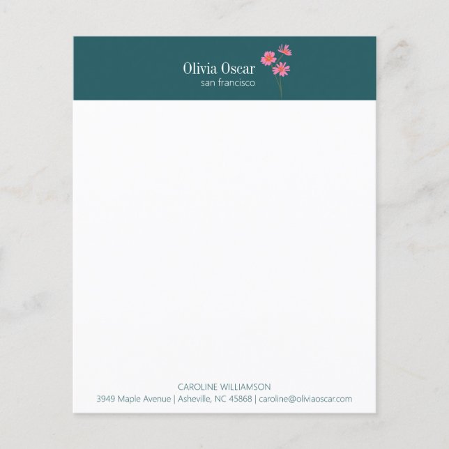 Custom Modern Pink Teal Flower Business Stationery (Front)